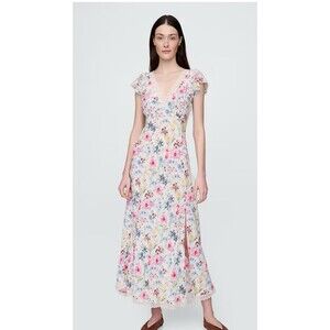 Gap Lace-Trim V-Neck Crepe Maxi Dress Small‎ White Floral Pink Blue  Cottagecore